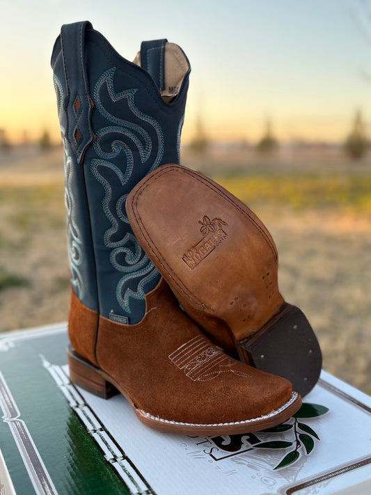 Women's Camel Brown Suede Blue Leather Boot (Square toe)