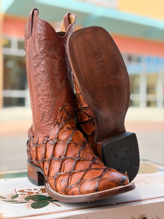 Handcrafted Pirarucu Fish Skin Leather Boots - Cognac