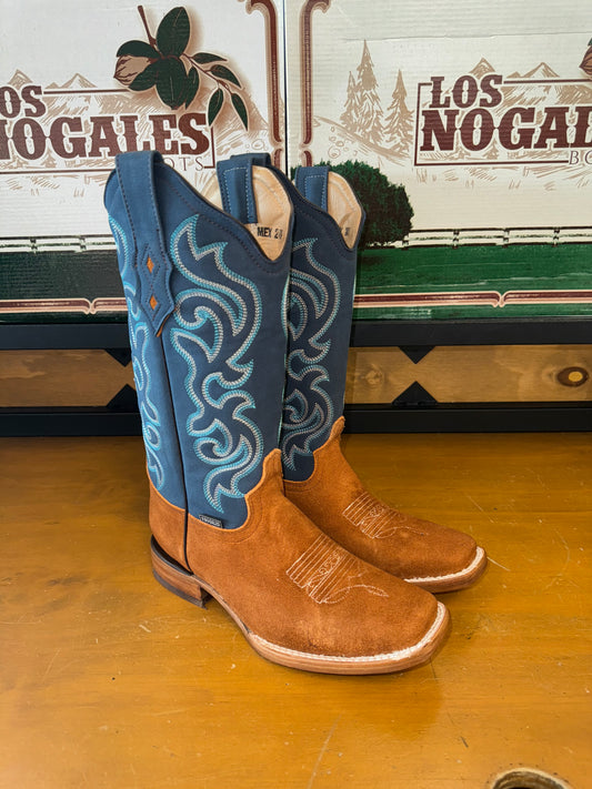Women's Camel Brown Suede Blue Leather Boot (Square toe)