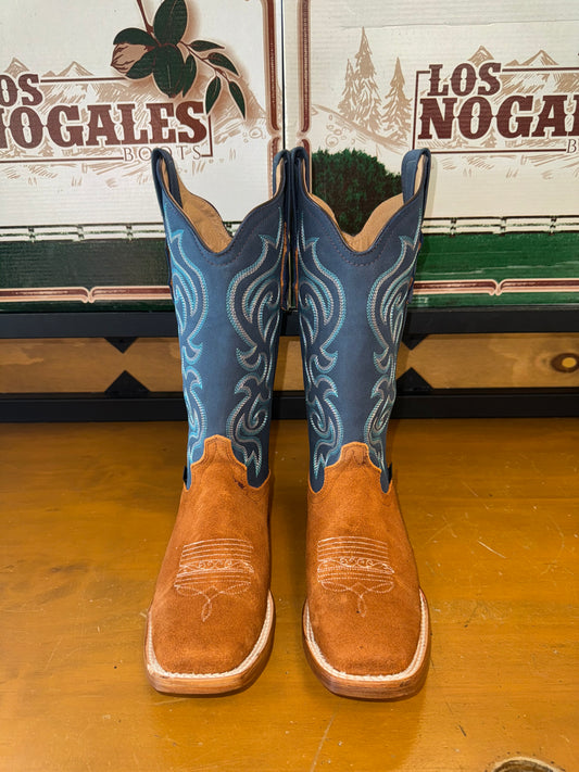 Women's Camel Brown Suede Blue Leather Boot (Square toe)