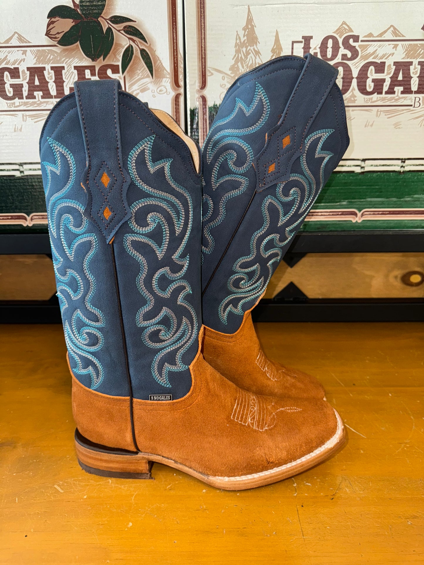 Women's Camel Brown Suede Blue Leather Boot (Square toe)