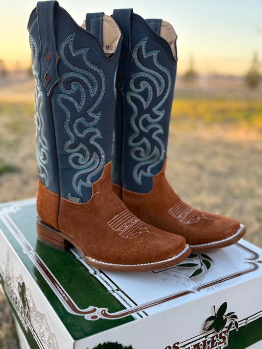 Women's Camel Brown Suede Blue Leather Boot (Square toe)