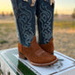 Women's Camel Brown Suede Blue Leather Boot (Square toe)
