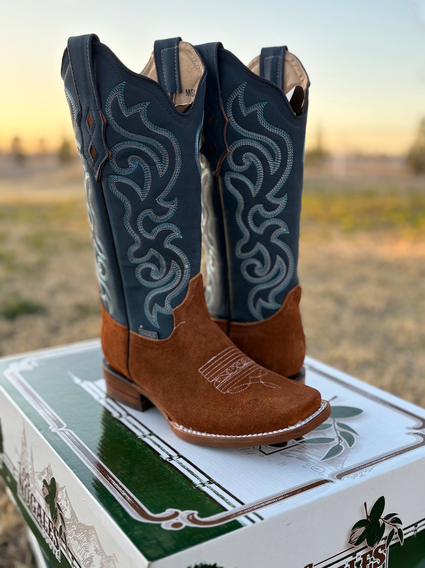 Women's Camel Brown Suede Blue Leather Boot (Square toe)